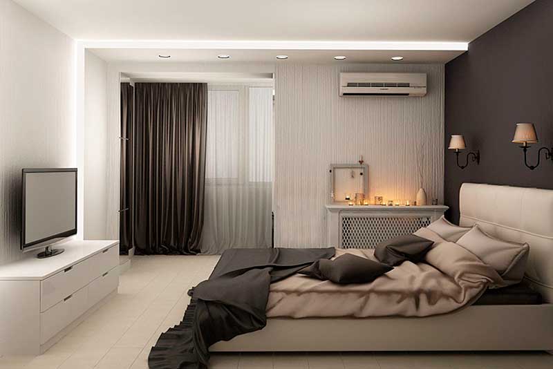 Дизайн интерьера спальни с белыми и коричневыми цветах