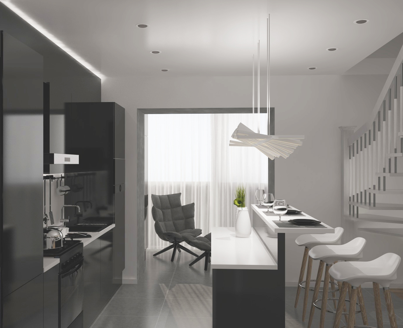 Дизайн интерьера кухни в черно-белом стиле
